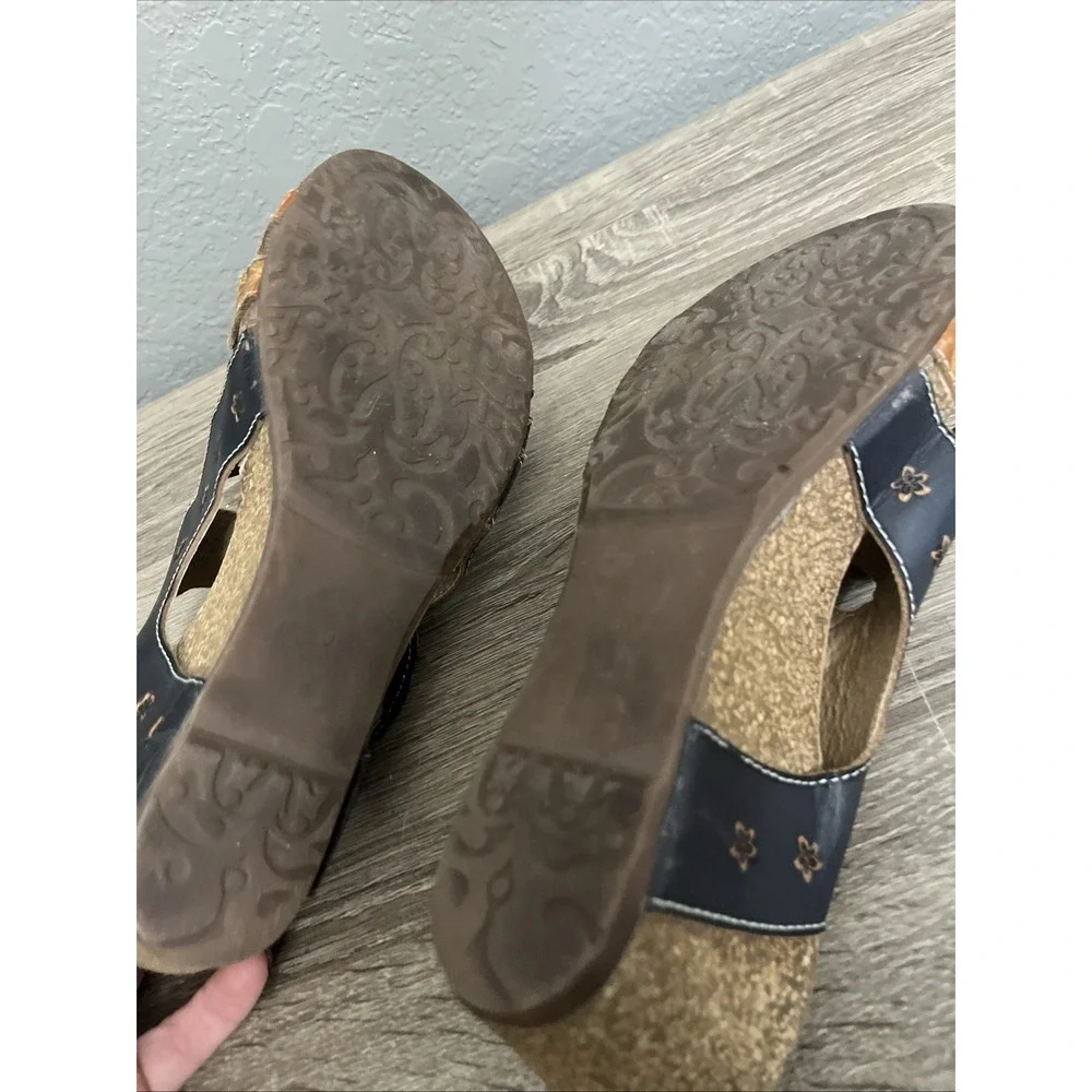 Spring Step LArtiste Sandals Womens 40 Navy Brown Jadora Floral Leather Wedge